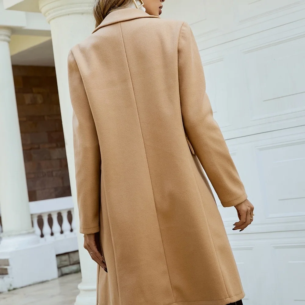 Cozy Camel Tan Button up Double Breast Pea coat Jacket - Picture 5 of 9